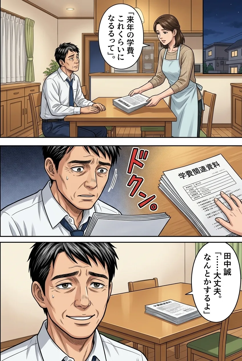 3ページ：自宅の食卓で子どもの学費の話になり、言葉に詰まる