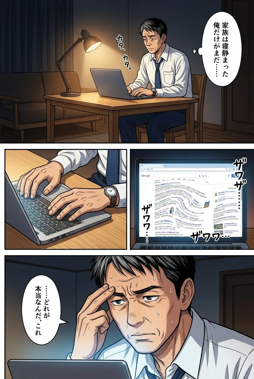 4ページ：深夜のリビングで副業を検索するが、情報が多すぎて分からない