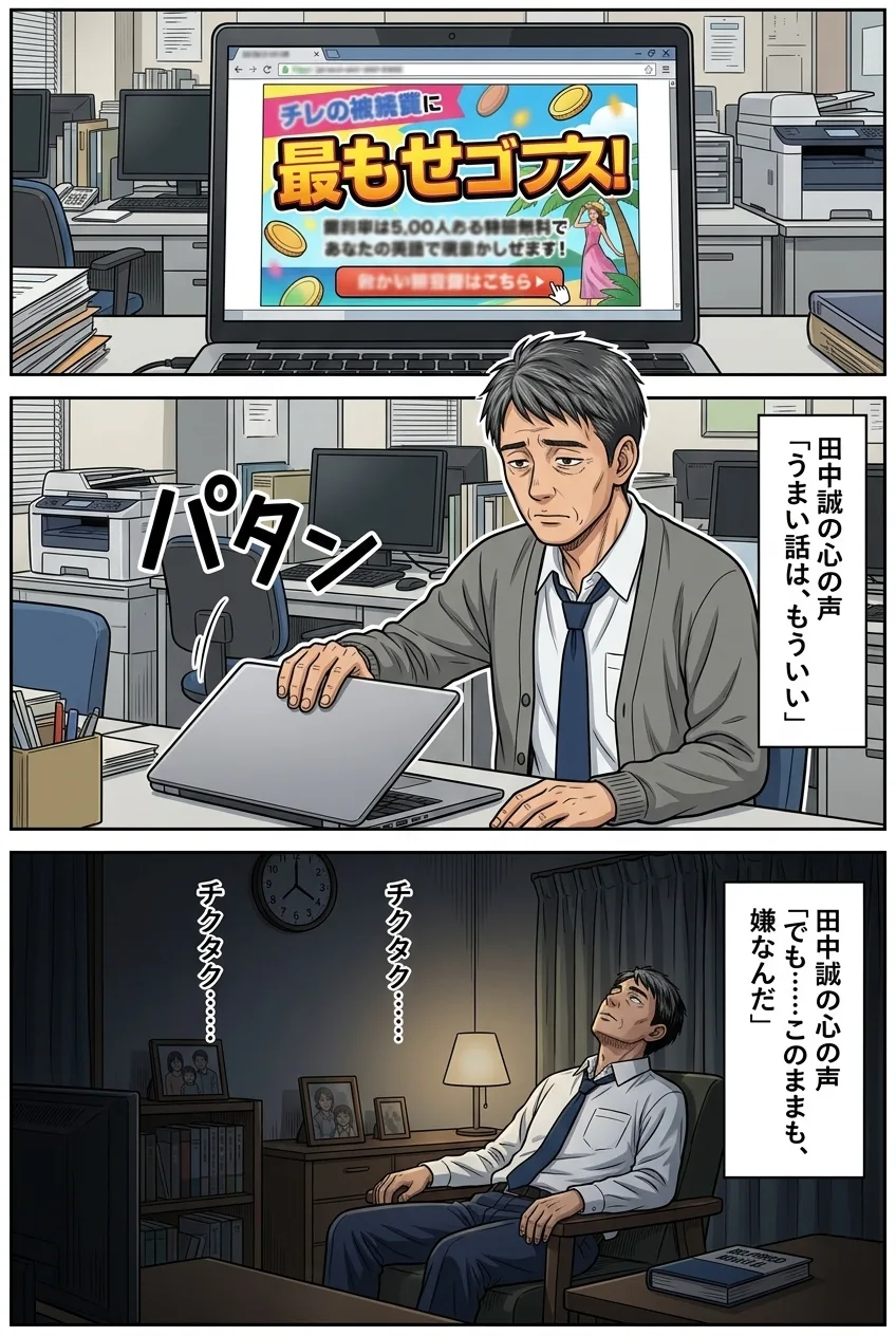 5ページ：「スマホ1台で」という広告を閉じる。もう騙されたくない