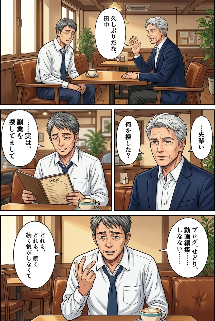 6ページ：喫茶店で旧知の先輩と再会し、副業を探していると打ち明ける