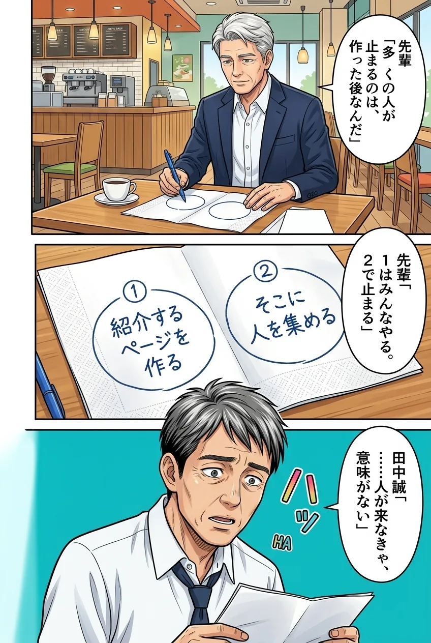 7ページ：先輩が紙ナプキンに図を描く。多くの人が止まるのは「作った後」