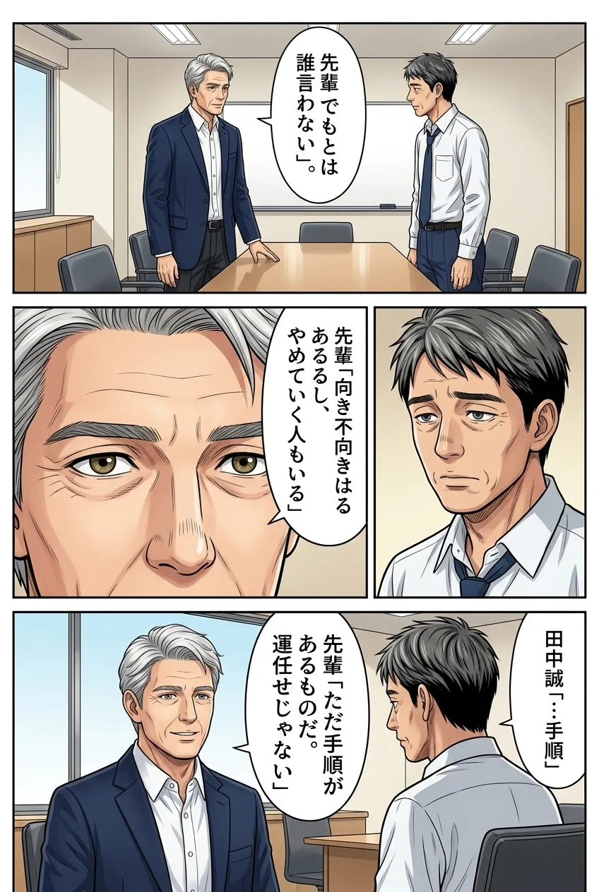 9ページ：先輩が「誰でもとは言わない。向き不向きはある」と言い切る