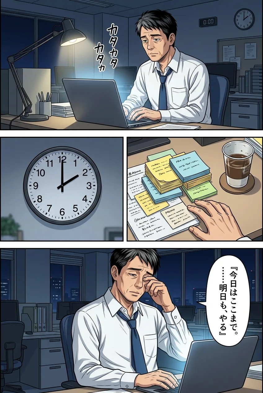 11ページ：深夜2時。付箋と冷めたコーヒーに囲まれて作業を続ける