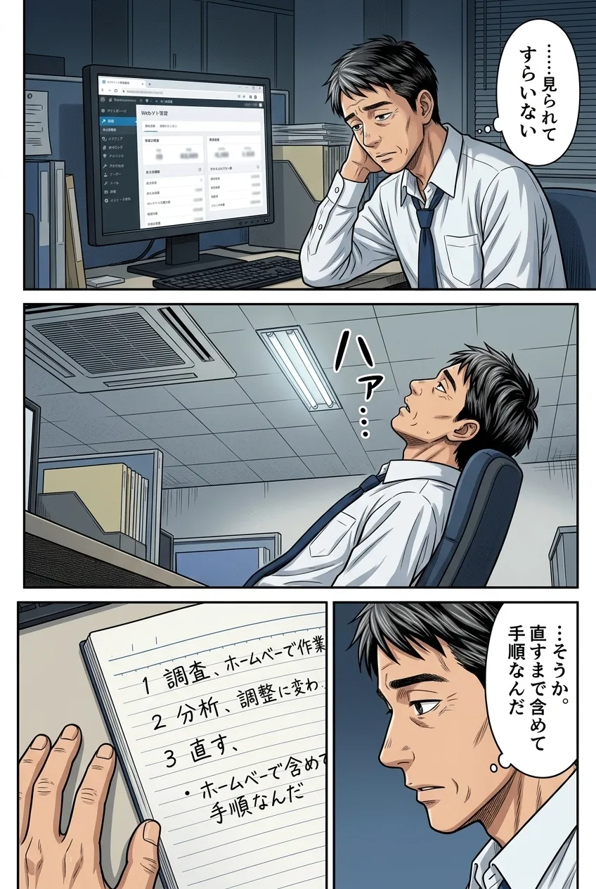 12ページ：成果が出ず肩を落とすが、手順に「直す」が含まれていたと気づく