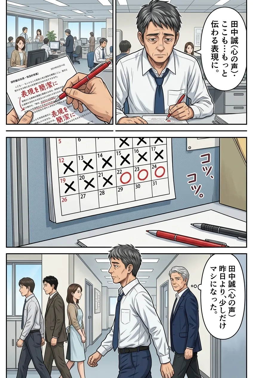 13ページ：文章を直し、カレンダーに少しずつ丸印が増えていく