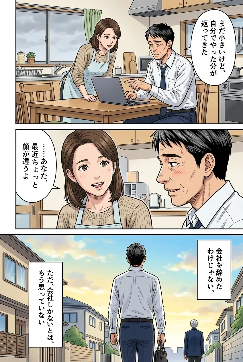 15ページ：朝の食卓で妻に報告する。会社しかない、とはもう思わない