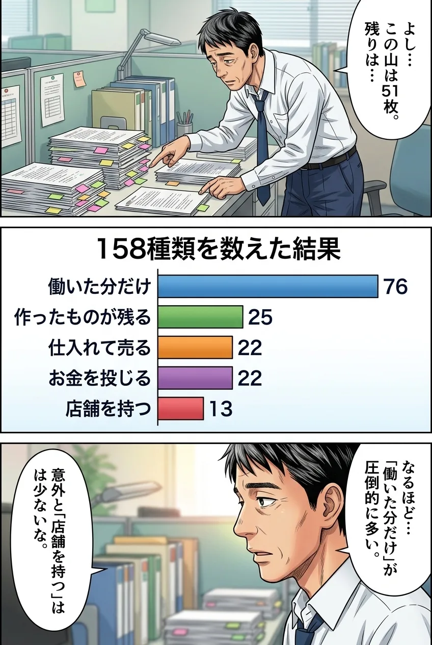 6ページ：数えた結果。働いた分だけ76、作ったものが残る25、仕入れて売る22、お金を投じる22、店舗を持つ13