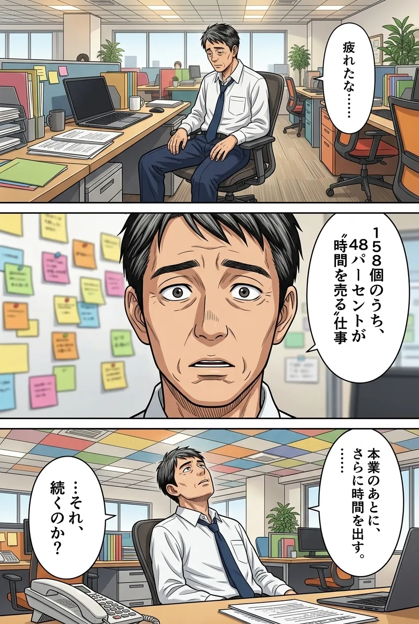 7ページ：半分近くが時間を売る仕事だったと知って座り込む