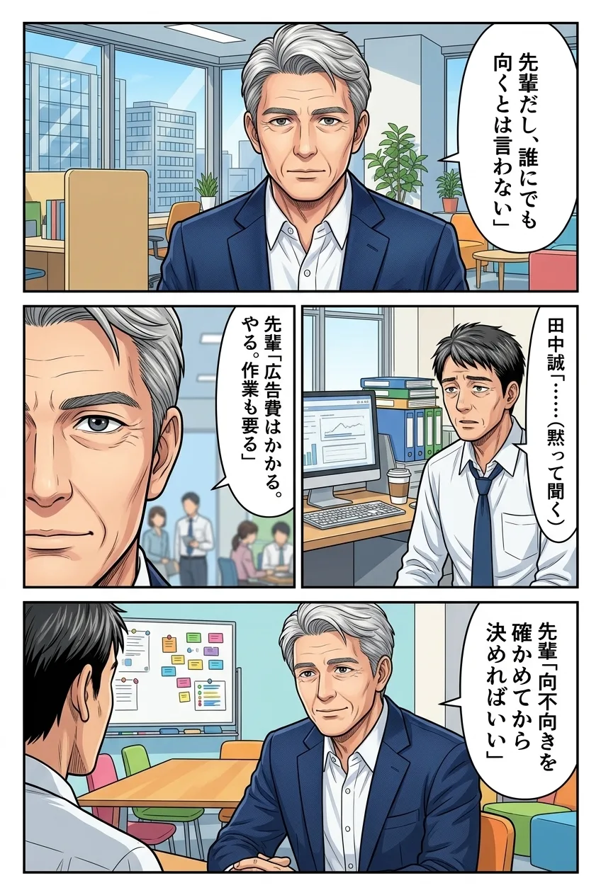 11ページ：先輩が「誰にでも向くとは言わない。やめていく人もいる」と釘を刺す